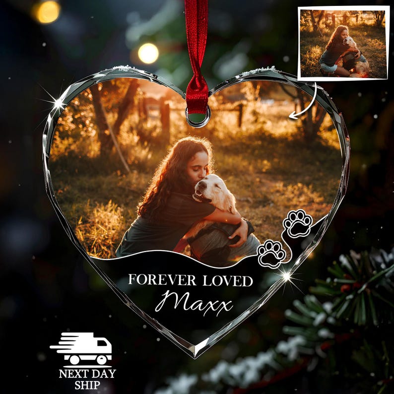 Personalized Dog Memorial Ornament, Dog Photo Ornament, Forever Loved Ornament, Cat Memorial Keepsake, Pet Owner Ornament, Pet Loss Gift Heart Glass