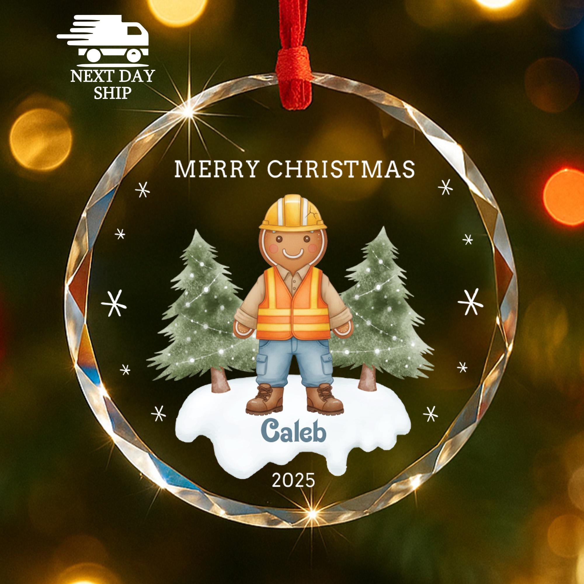 Personalized Construction Ornament 2025, Gingerbread Man Builder Gift, Custom Name Keepsake, Faceted Glass Crystal, Merry Christmas Decor