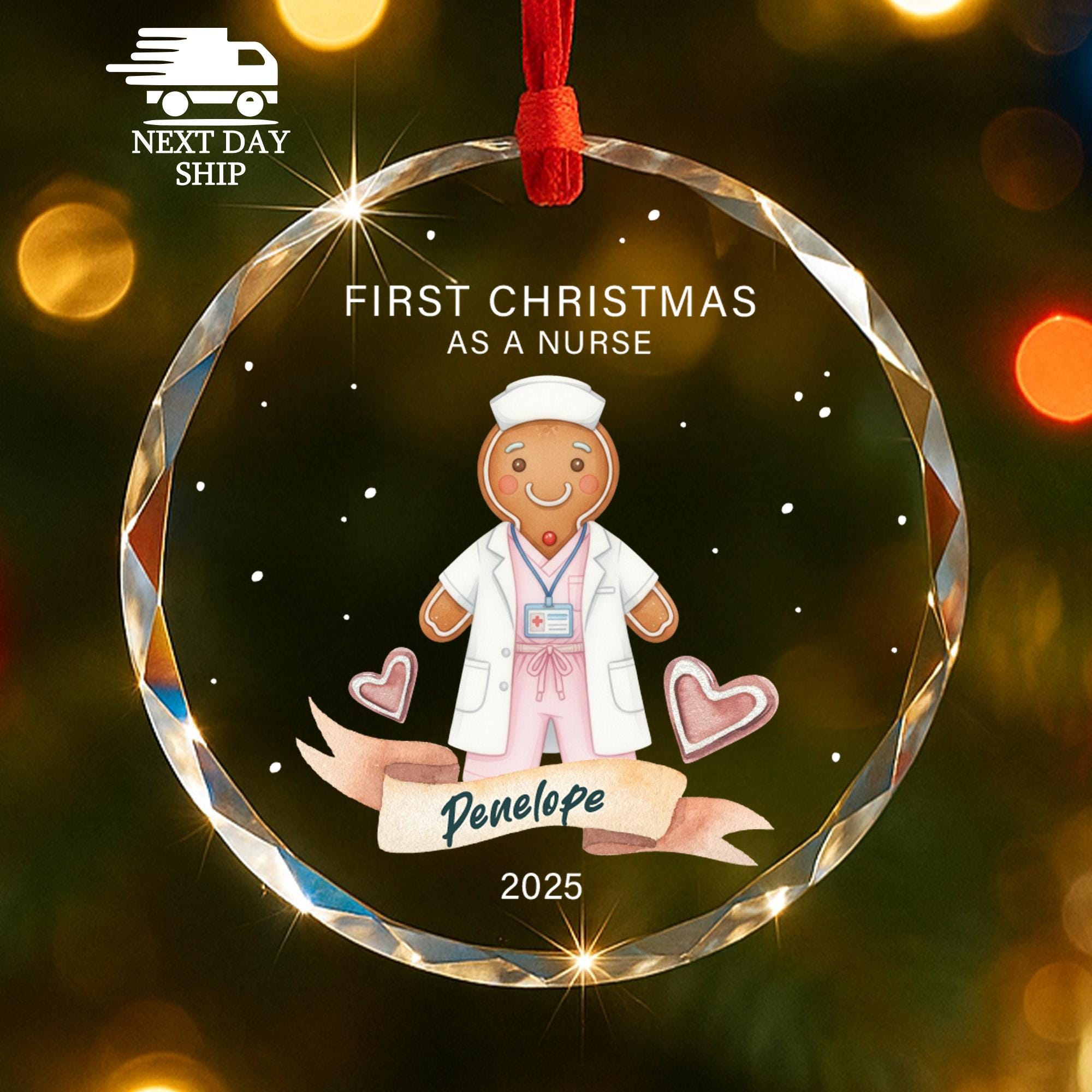 Personalized Nurse Ornament 2025, Gingerbread RN Gift, First Christmas as Nurse, Pink Theme, Faceted Glass Crystal, Nursing Grad