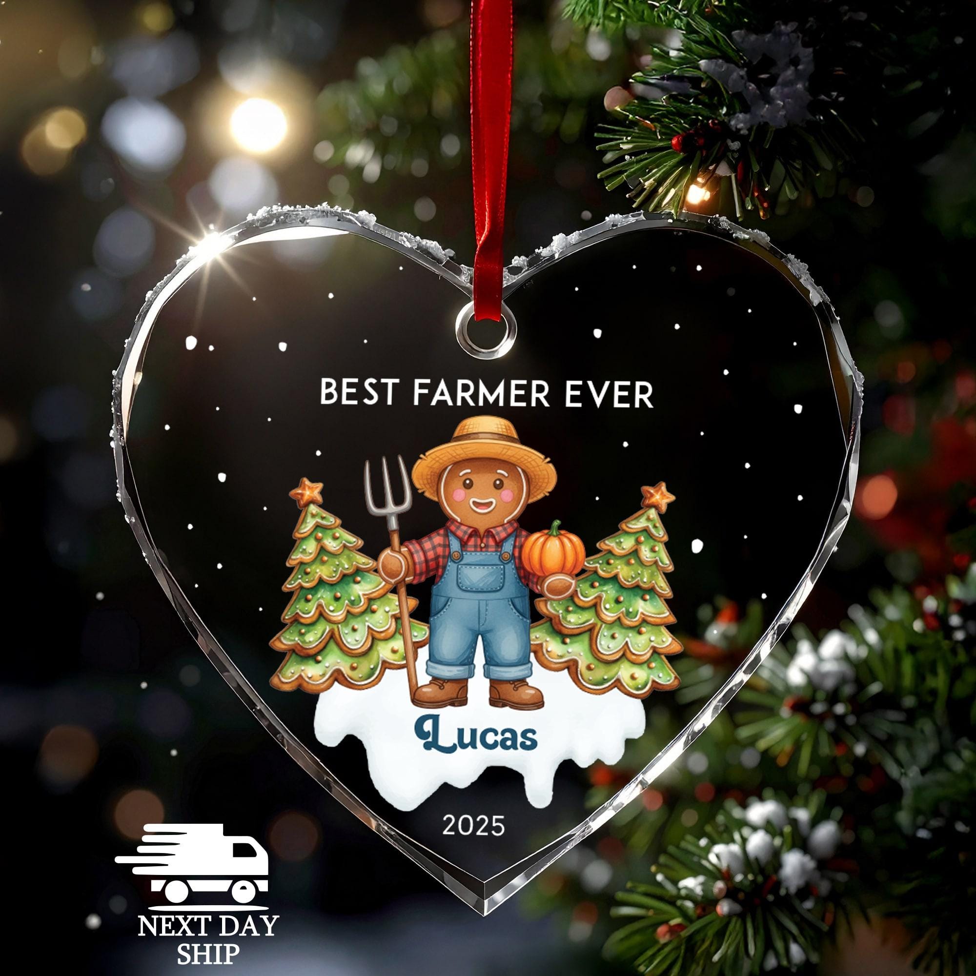 Personalized Farmer Ornament 2025, Gingerbread Man Gift, Best Farmer Ever, Custom Name Keepsake, Faceted Glass Crystal, Farm Decor