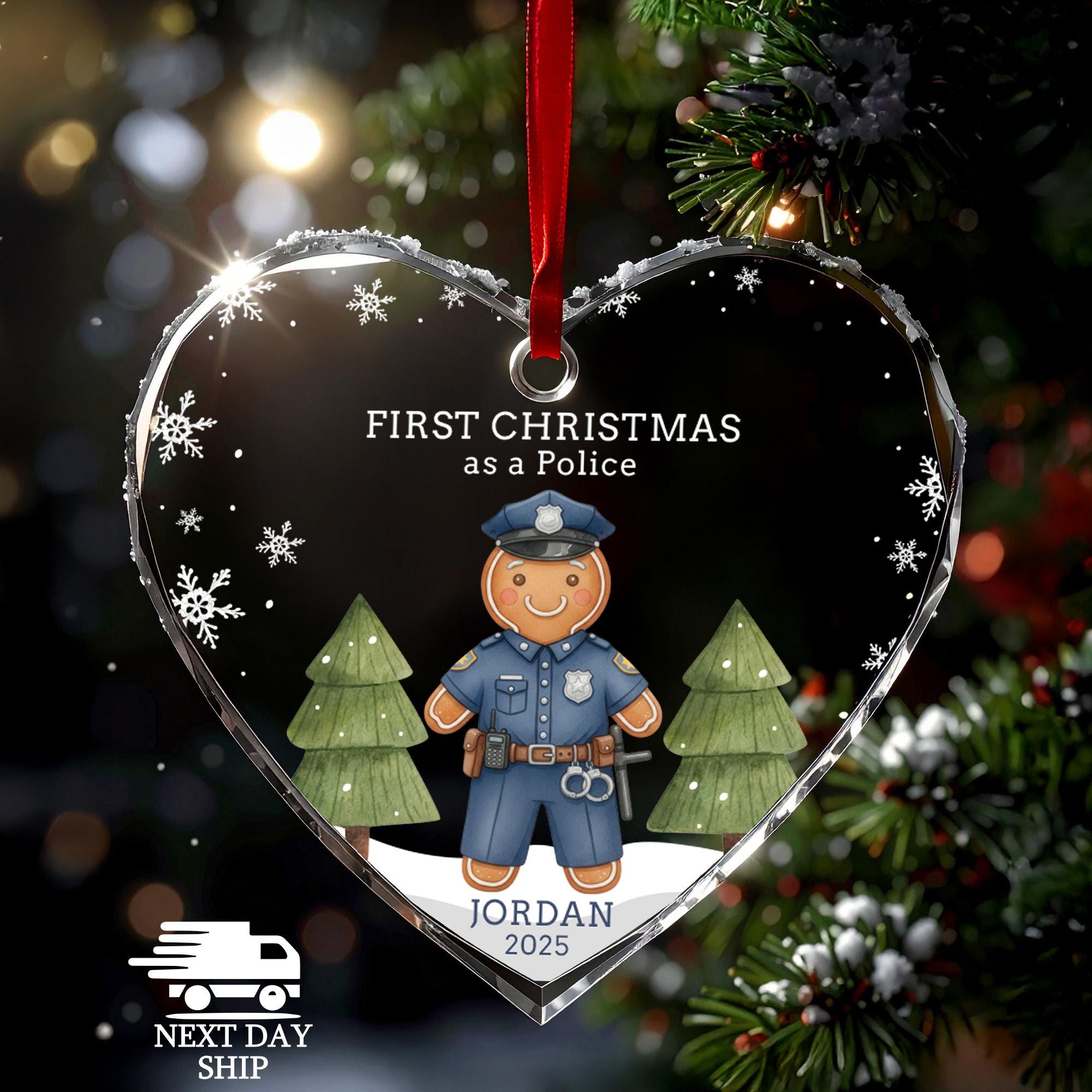Personalized Police Ornament 2025, Gingerbread Man Gift, First Christmas as Police, Faceted Glass Crystal, Law Enforcement Gift