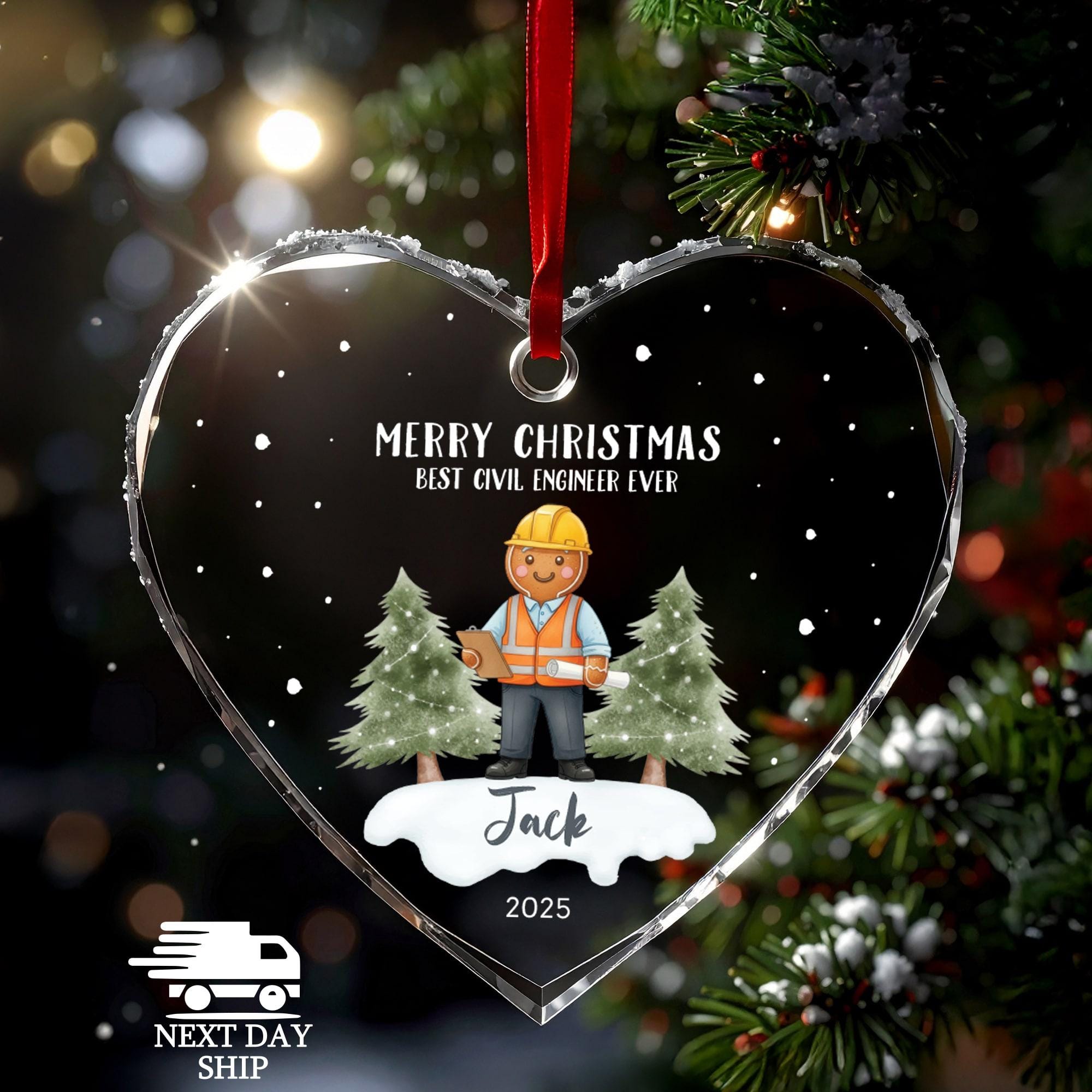 Personalized Civil Engineer Ornament 2025, Gingerbread Man Gift, Best Engineer Ever, Custom Name Keepsake, Faceted Glass Crystal