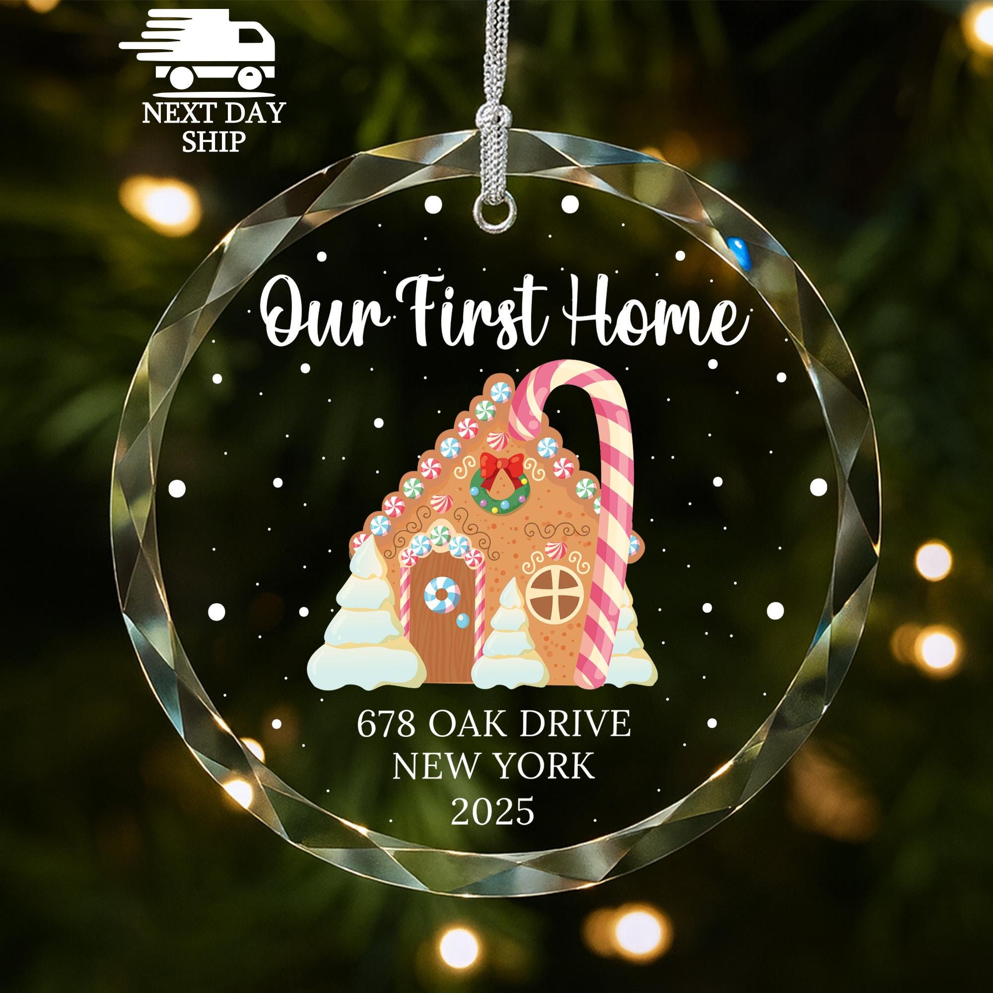 New Home Glass Ornament, Gingerbread House Ornament, Address Christmas Ornament, First Christmas in New Home, 2025 Clear Glass Ornament