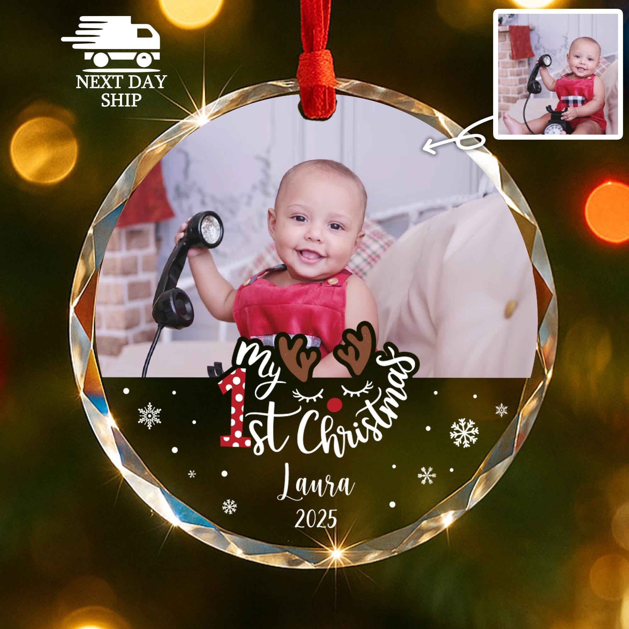 My 1st Christmas Ornament, Personalized Name And Photo Newborn Keepsake, Holiday Gift for Grandchildren, New Parents Gift, Glass Decoration