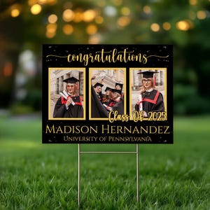 Letrero de graduación con tres fotografías, letrero de la clase de 2025, letrero de felicitaciones personalizado, letrero con fotografía de graduado, letrero de jardín con el nombre de la universidad