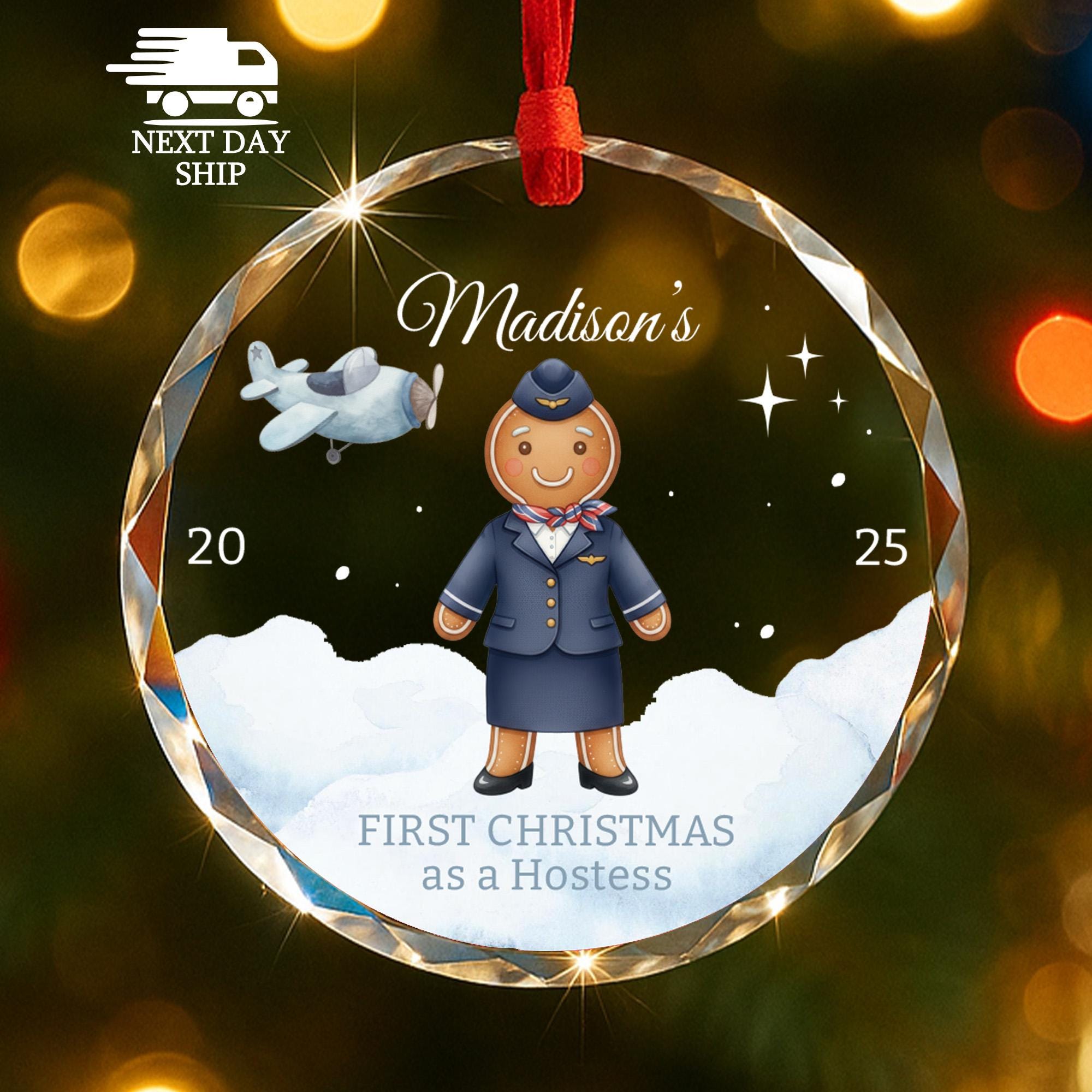 Personalized Flight Attendant Ornament 2025, Gingerbread Hostess Gift, First Christmas Keepsake, Faceted Glass Crystal