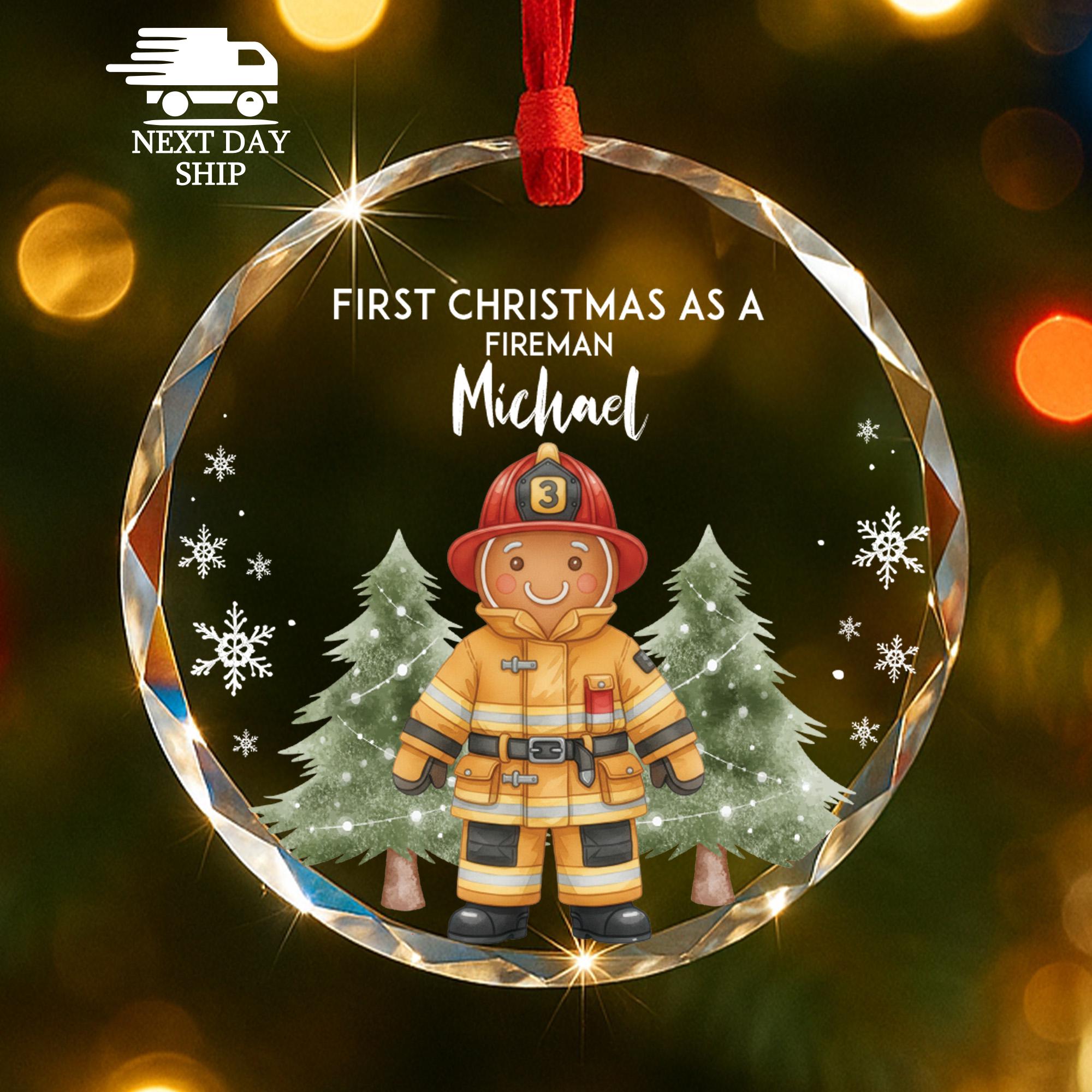 Personalized Fireman Ornament 2025, Gingerbread Man Gift, First Christmas as Fireman, Custom Name, Faceted Glass Crystal Keepsake