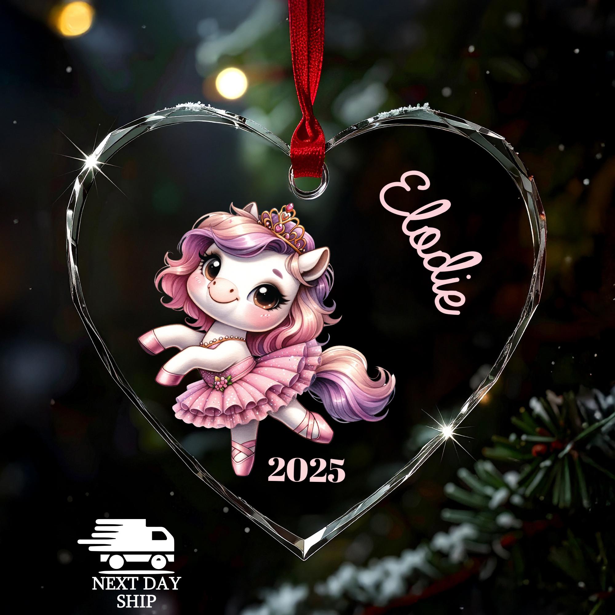 Pink Unicorn Ballerina Ornament, Custom Name Heart Round Glass Christmas Gift for Child, Gift for Little Ballet Girl, Gift For Daughter