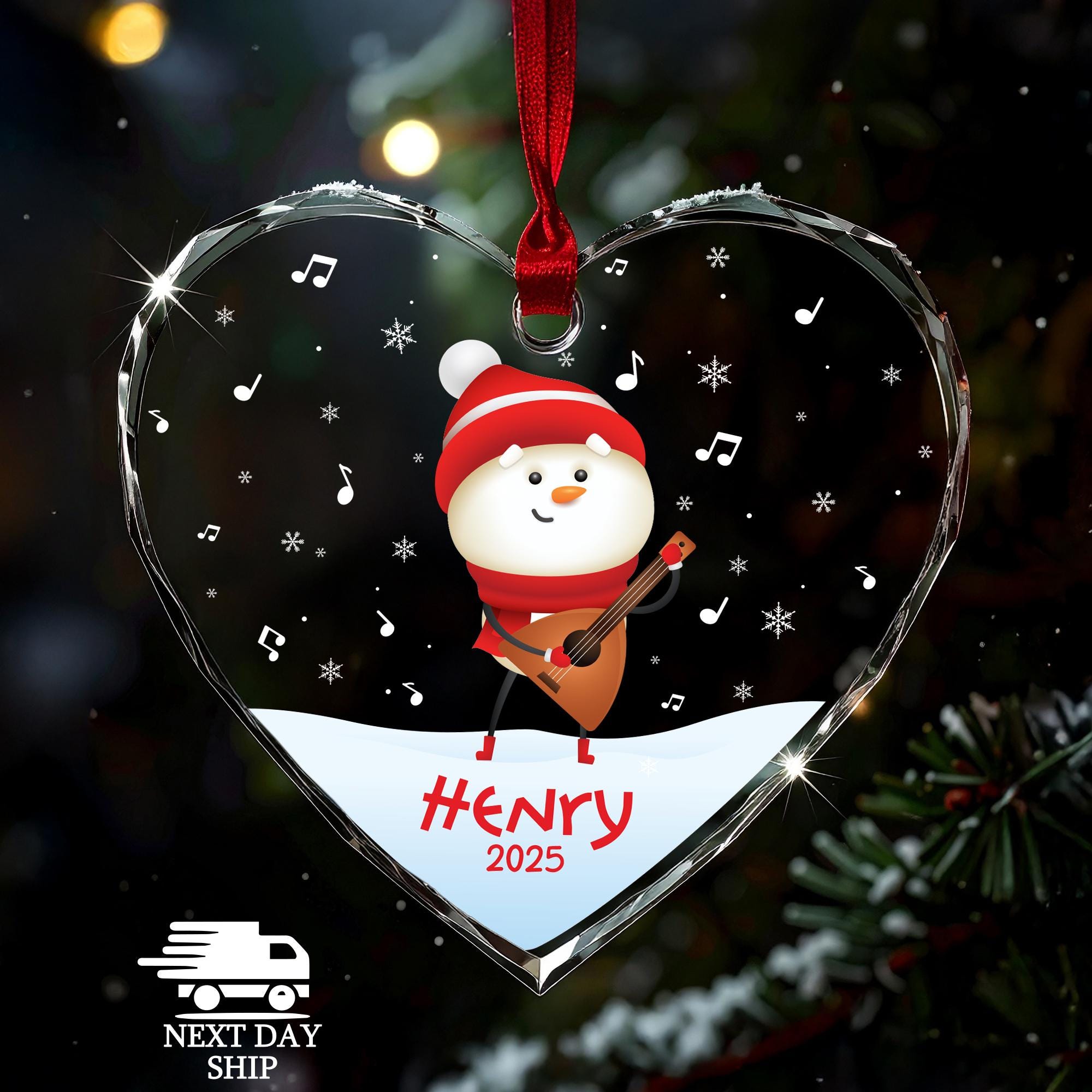 Snowman Playing Guitar Ornament, Custom Name Glass Christmas Gift for Music Lovers, Boy or Girl Guitar Lovers, Gift for Little Musicians