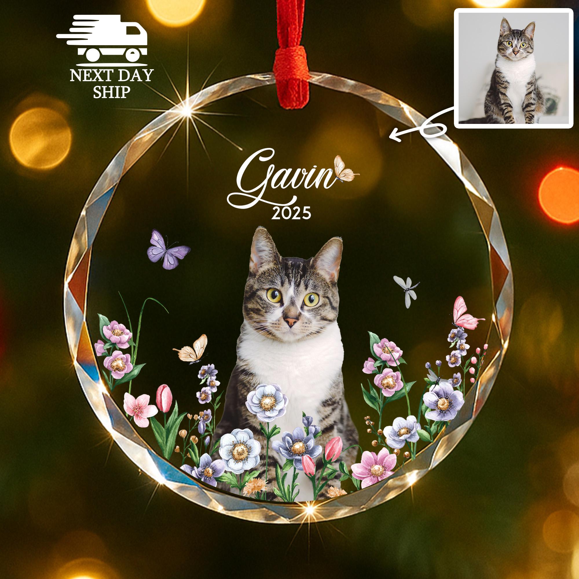 Custom Name Pet Ornament 2025, Pet Memorial Gift, Cat Dog Photo with Flowers, Cat Dog Lover Gift, Gift For Pet Owners, Pet Sympathy Gift