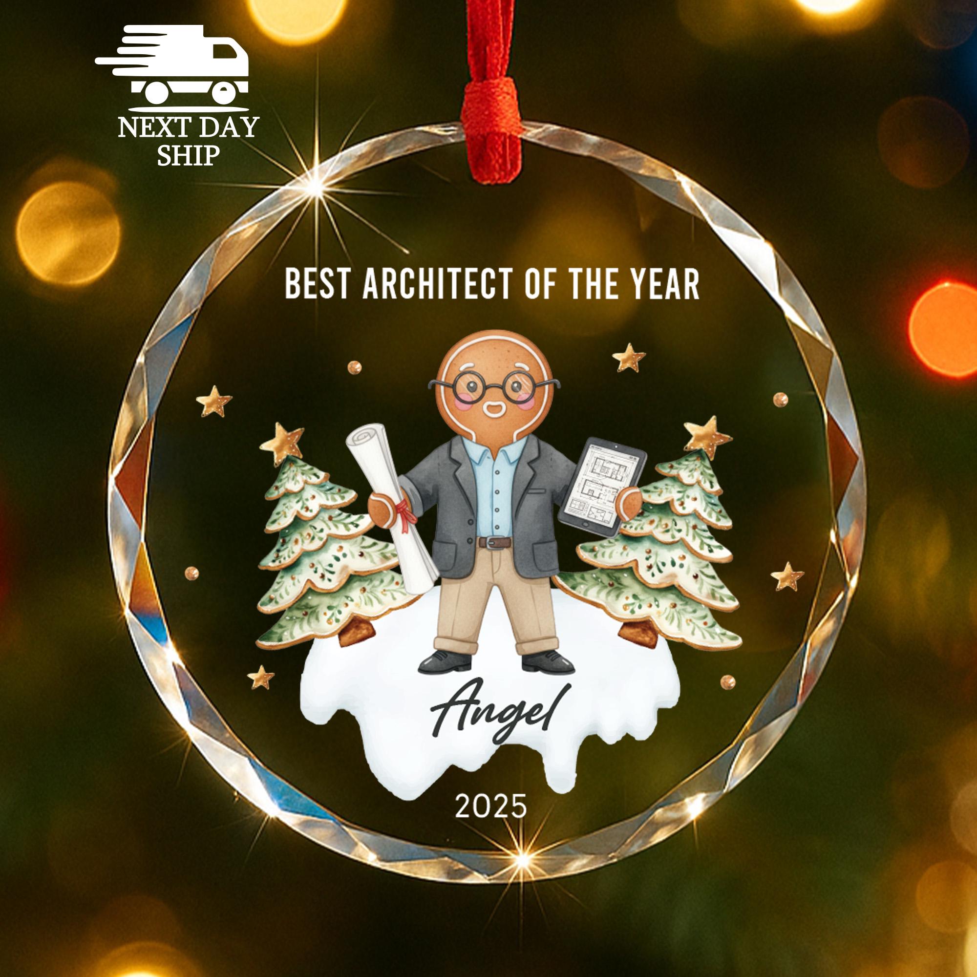 Personalized Architect Ornament 2025, Gingerbread Man Gift, Best Architect Ever, Custom Name Keepsake, Faceted Glass Crystal