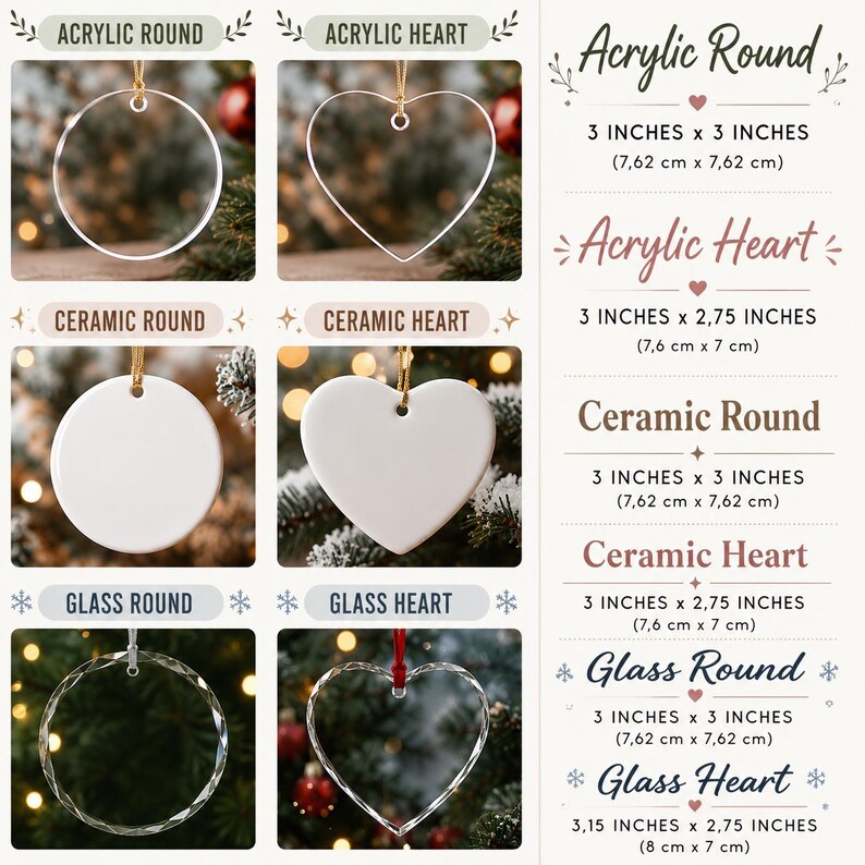 May include: A collection of clear acrylic, white ceramic, and faceted glass ornaments in round and heart shapes. Text labels indicate dimensions: Acrylic Round 3x3 inches, Acrylic Heart 3x2.75 inches, Ceramic Round 3x3 inches, Ceramic Heart 3x2.75 inches, Glass Round 3x3 inches, and Glass Heart 3.15x2.75 inches.