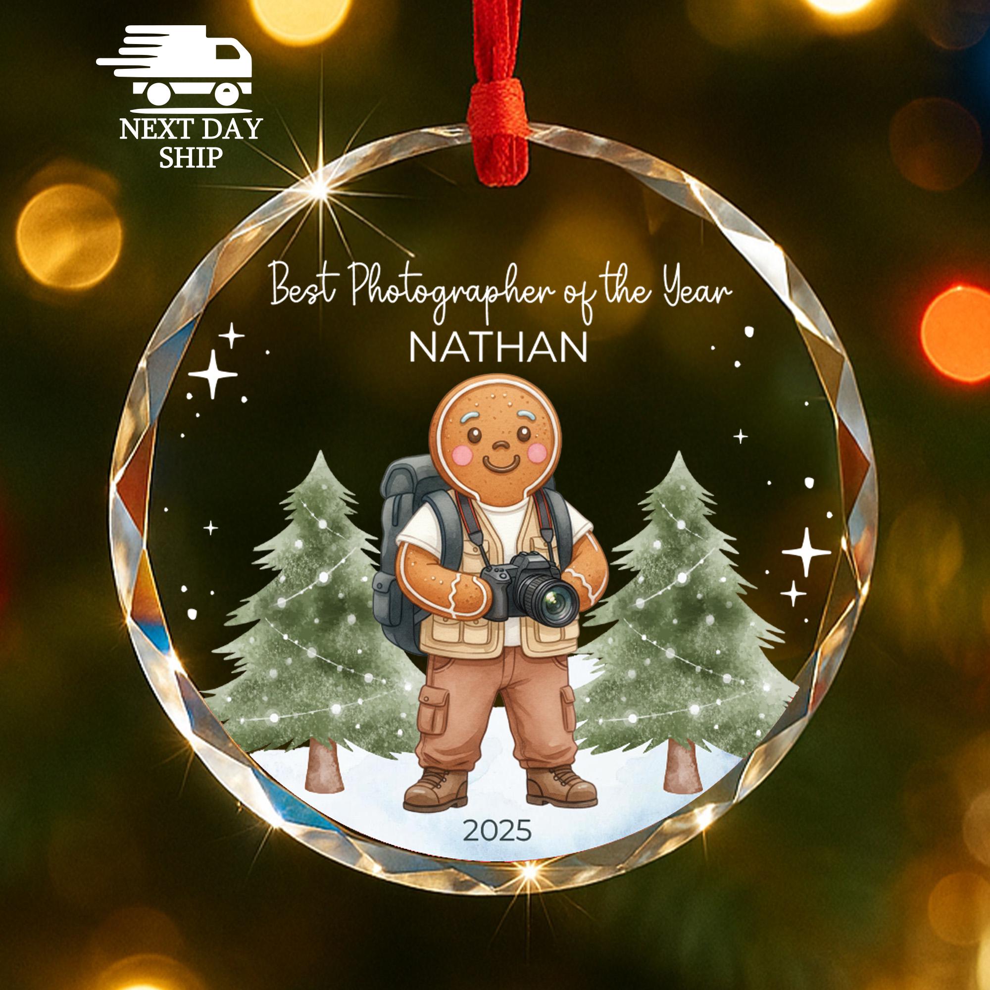 Personalized Photographer Ornament 2025, Gingerbread Man Gift, Best Photographer Ever, Faceted Glass Crystal Keepsake Ornament