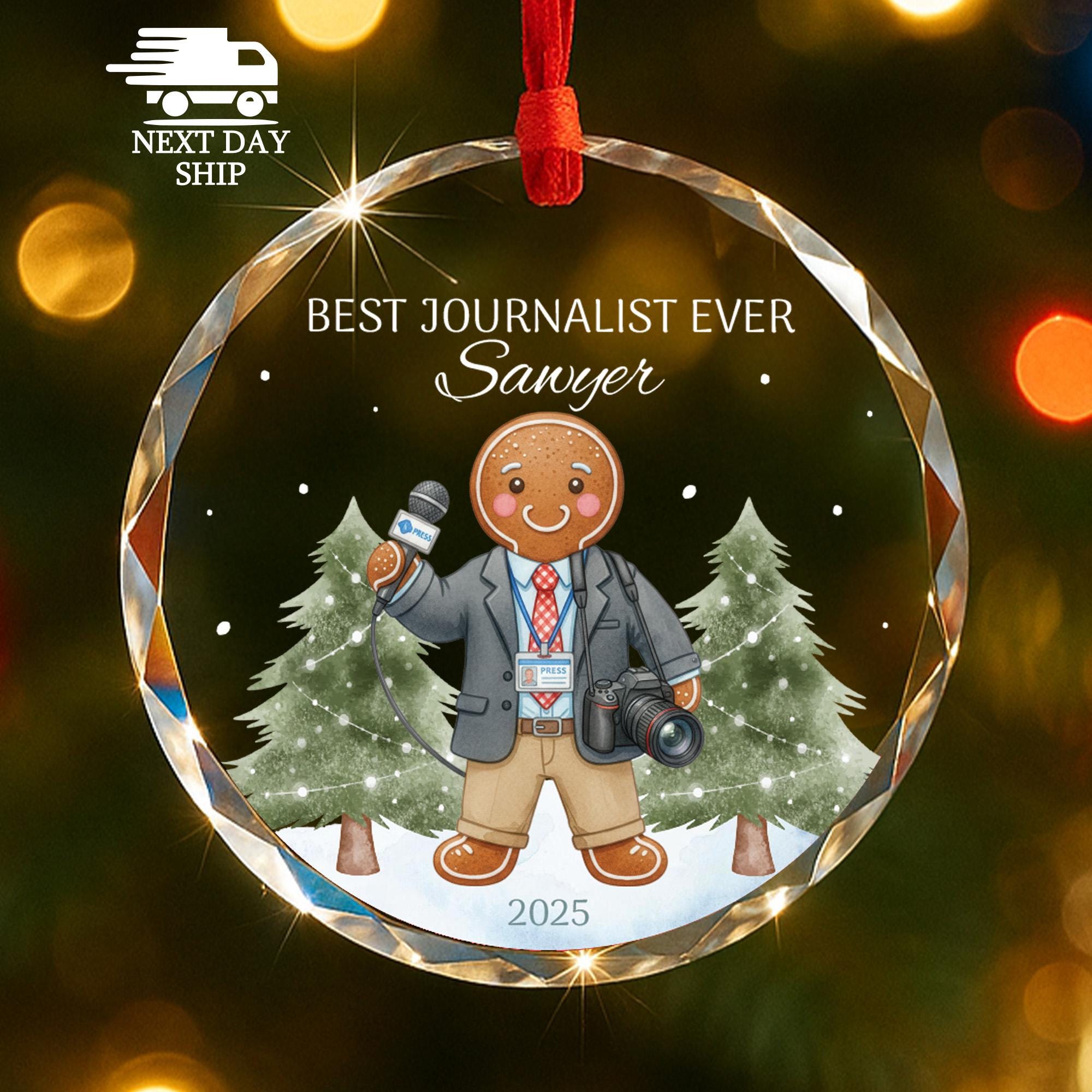 Personalized Journalist Ornament 2025, Gingerbread Man Gift, Best Journalist Ever, Faceted Glass Crystal Keepsake