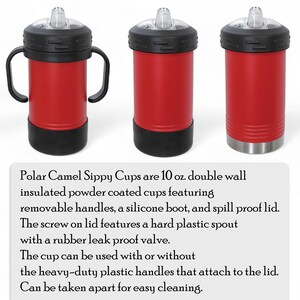 May include: Red Polar Camel sippy cups with black accents. The cups have a double-wall design, removable handles, and a spill-proof lid. The text on the image says the cups are 10 oz.