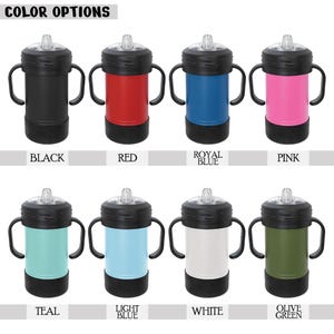 May include: A collection of insulated sippy cups in various colors, including black, red, royal blue, pink, teal, light blue, white, and olive green. Each cup has a black lid, handles, and base, with the color of the cup's body varying.
