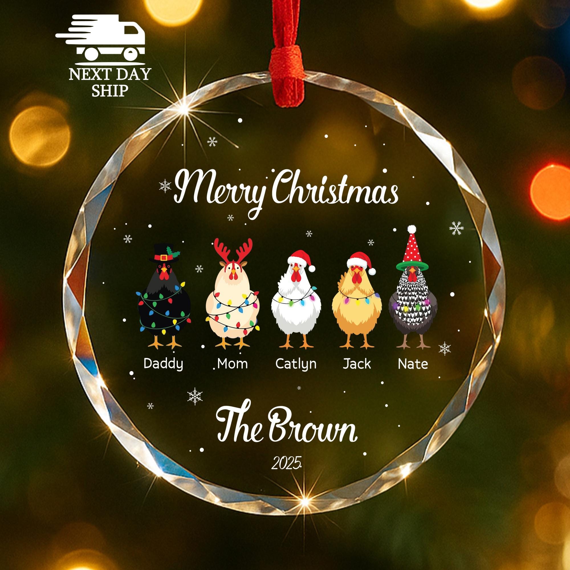Funny Chicken Family Christmas Ornament, Custom Name Glass Ornament, Farmhouse Holiday Decoration 2026, Gift For Family And Relatives