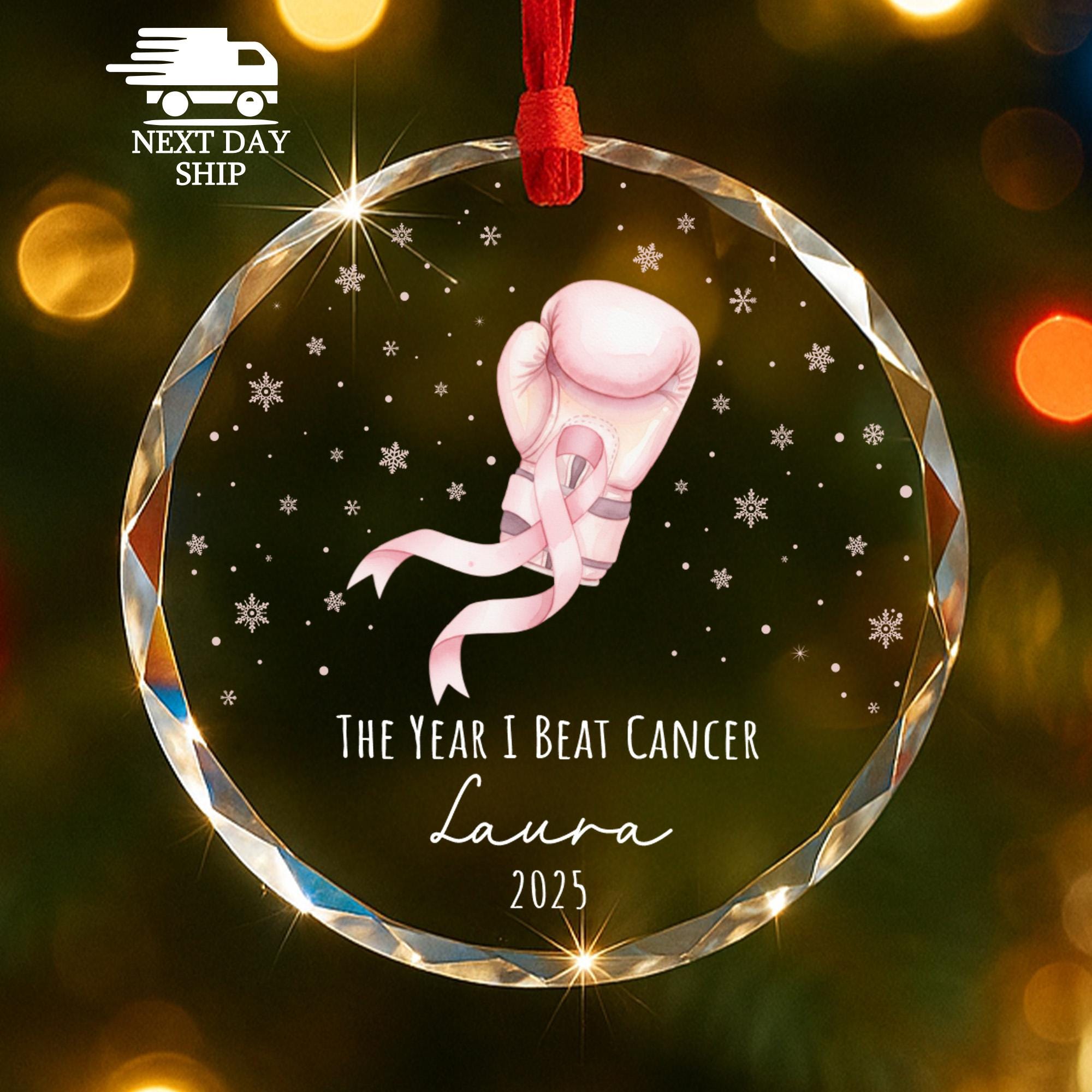 The Year I Beat Cancer Ornament, Personalized Name Survivor Gift for Her, Breast Cancer Awareness, Pink Ribbon Boxing Glove Keepsake