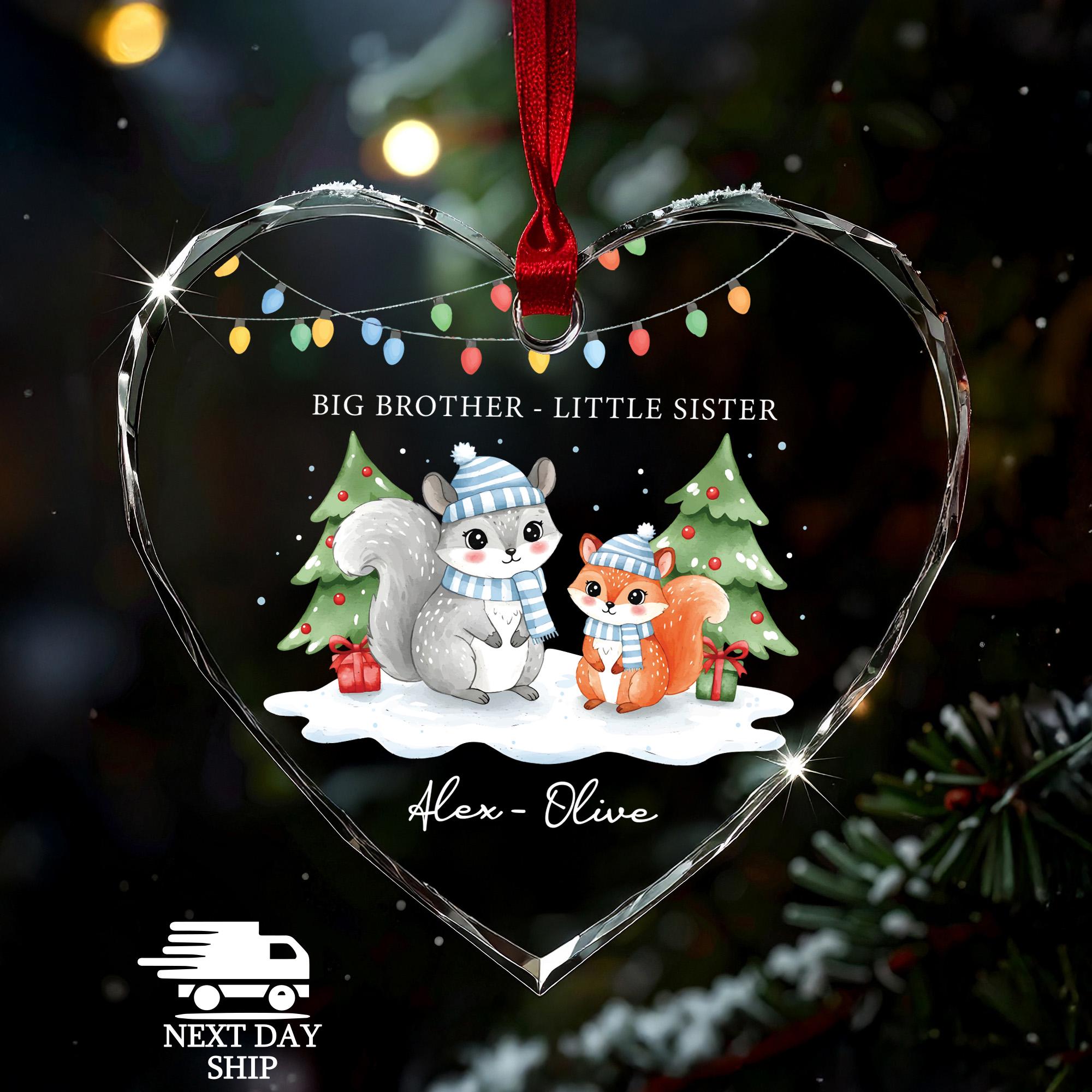 Personalized Big Brother and Little Sister Christmas Ornament, Custom Sibling Name Ornament, Cute Squirrel Christmas Ornament, Gift For Kids