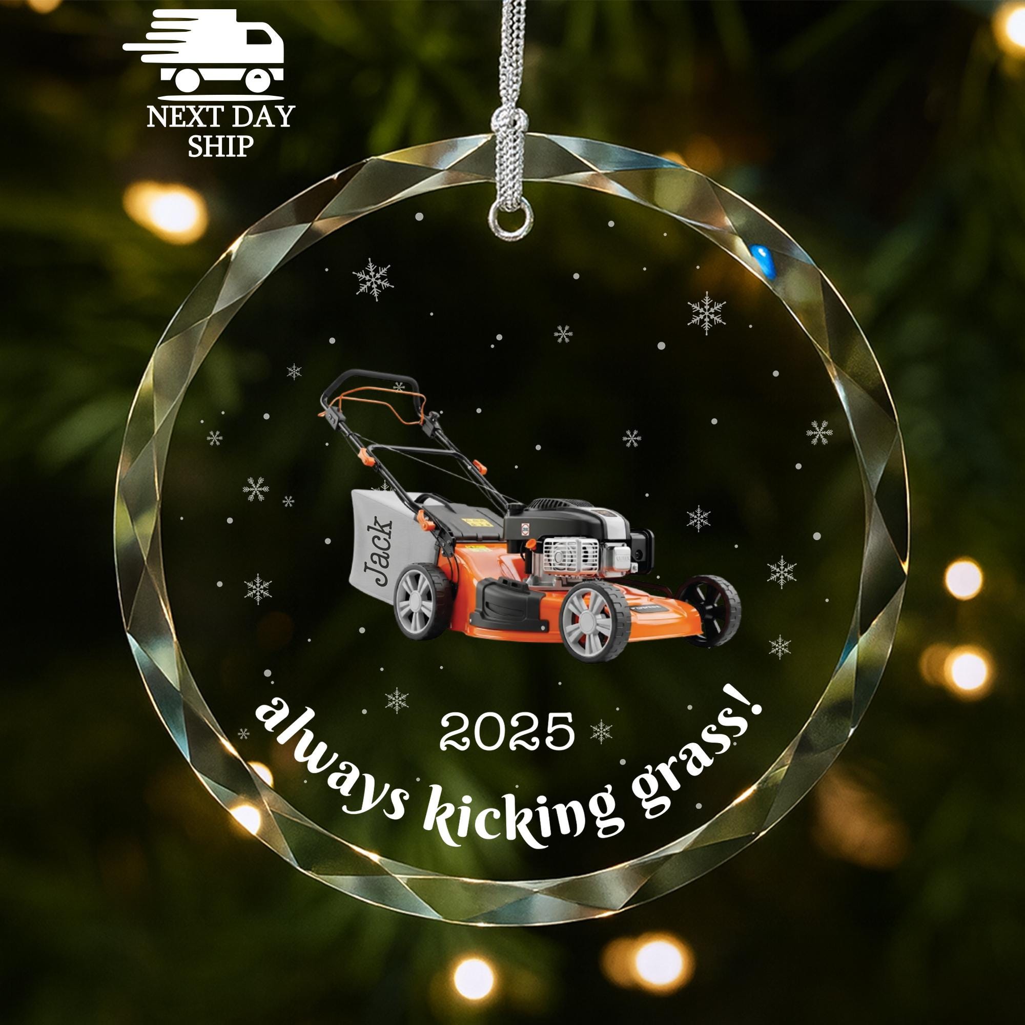 Always Kicking Grass Ornament, Custom Name Lawn Care Glass Keepsake, Gift for Mower Enthusiast, Christmas Gift for Landscaper or Gardener