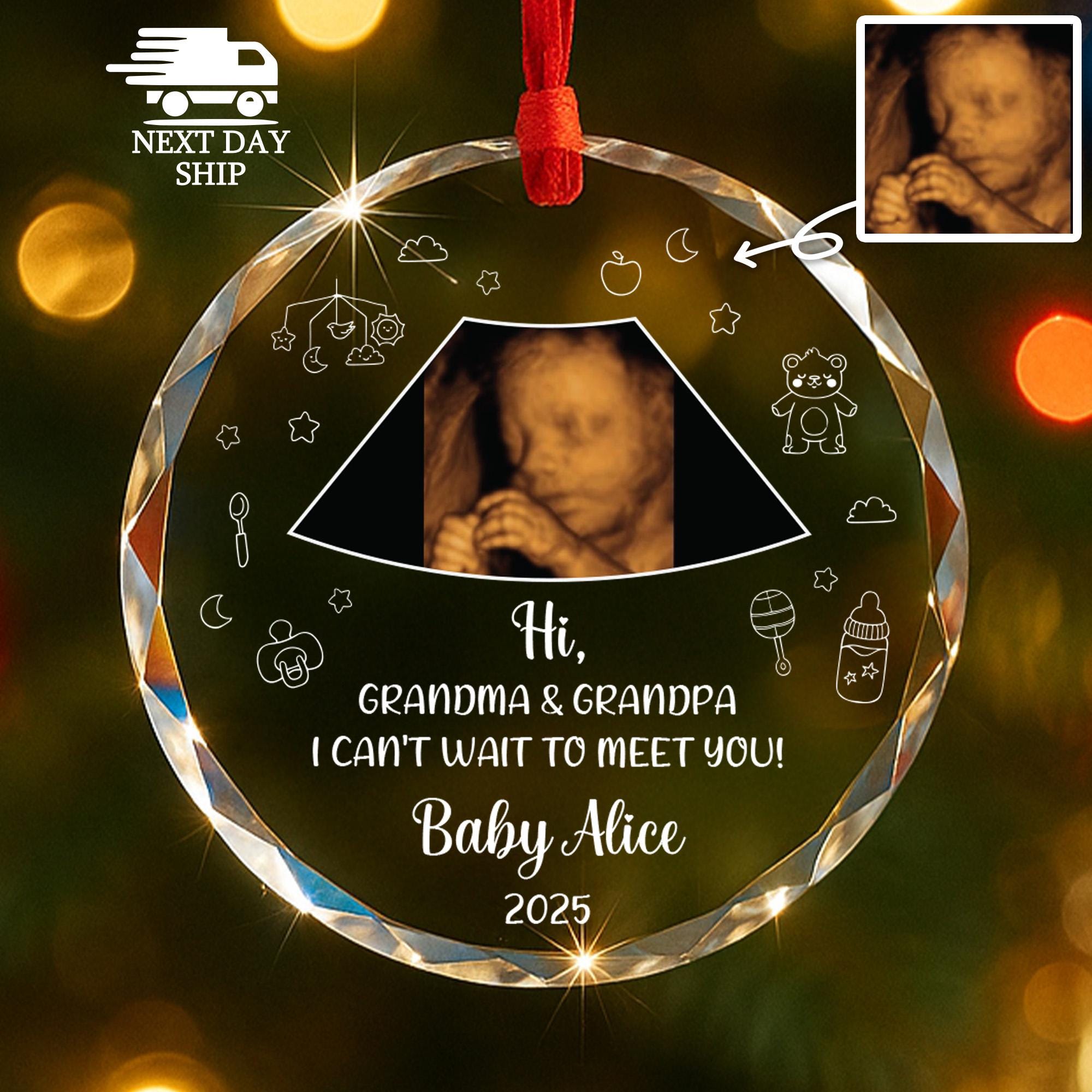 Hi, Grandma And Grandpa I Can't Wait To See You Christmas Ornament, Personalized Ultrasound Photo, Holiday Keepsake For Grandparents