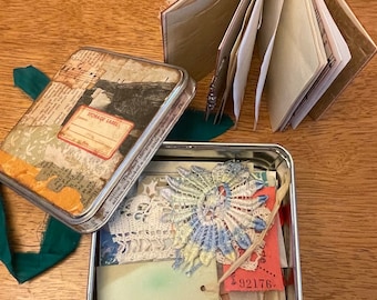 Mini Junk Journal Starter Kit - Square Tin Box, Little Journal & Ephemera