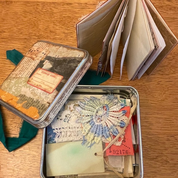 Mini Junk Journal Starter Kit - Square Tin Box, Little Journal & Ephemera