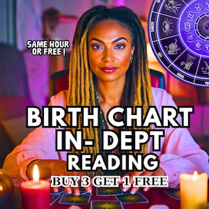 May include: A woman with blonde and black dreadlocks is seated at a table with candles and tarot cards. The image includes the text "BIRTH CHART IN-DEPT READING" and "BUY 3 GET 1 FREE". A purple zodiac wheel is in the background.