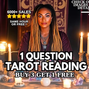 May include: An image promoting a tarot reading service. The image features a woman with long, blonde dreadlocks, wearing a burgundy velvet top, and multiple necklaces. Text includes "1 QUESTION TAROT READING" and "BUY 3 GET 1 FREE". The image also displays lit candles and a crystal ball.