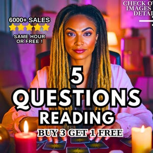 May include: A woman with blonde and black dreadlocks is centered in the image, with the text "5 QUESTIONS READING" in large white letters. The image includes lit candles, tarot cards, and the text "BUY 3 GET 1 FREE."