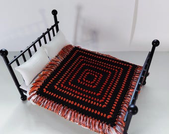 granny square dollhouse blanket orange black fringe halloween