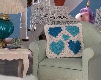 Teal heart microcrochet dollhouse pillow
