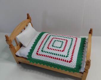 Christmas granny square dollhouse small blanket red white green