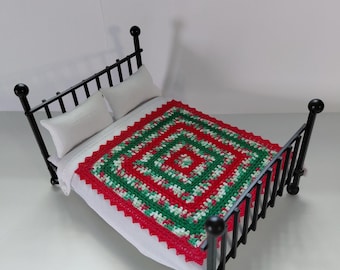 Christmas granny square dollhouse blanket green red white mint variegated