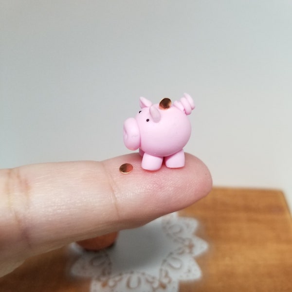 Dollhouse mini pink polymer clay piggy bank with lucky penny