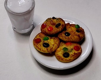 Cookie plate and glass of milk dollhouse miniature