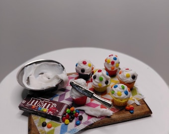Dollhouse miniature cupcake board with candy