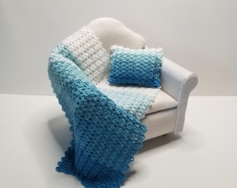 Crochet teal ombre dollhouse blanket and pillow