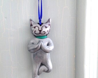 Large Gray Yoga Cat Ornament. Cat Lover's Gift. Yoga Cat Chistmas Ornament. Yoga Studio Decoration. Gray Yoga Cat