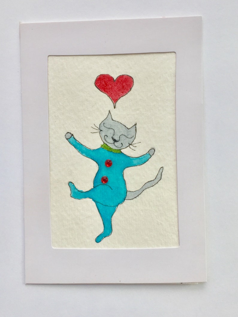 Small, framed, original Watercolor Dancing Cat. Veronica the Cat original watercolor. Cat Lover Watercolor image 4