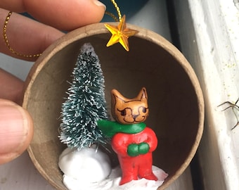 Winter Snow Cat Ornament Snow, Cat Christmas Ornament, Cat Lover Christmas Tree diorama