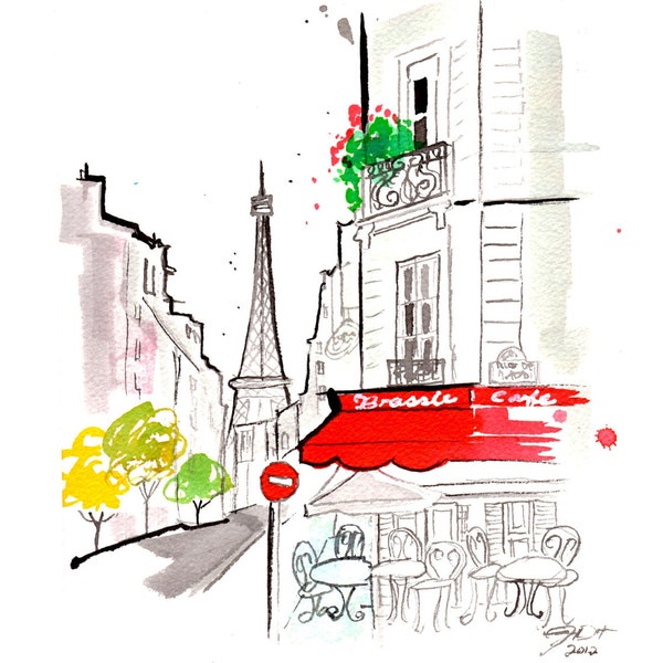 Original watercolor Parisian Cafe gestural painting by Jessica Durrant titled, Hint of a Parisian Cafe