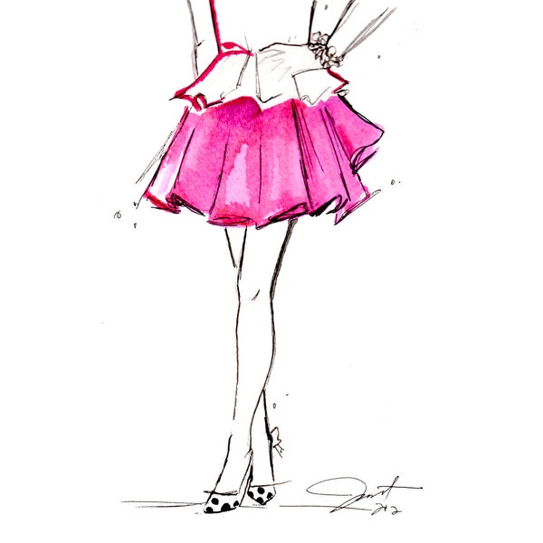 Print from original watercolor and pen fashion illustration by Jessica Durrant titled Peplum & Pink