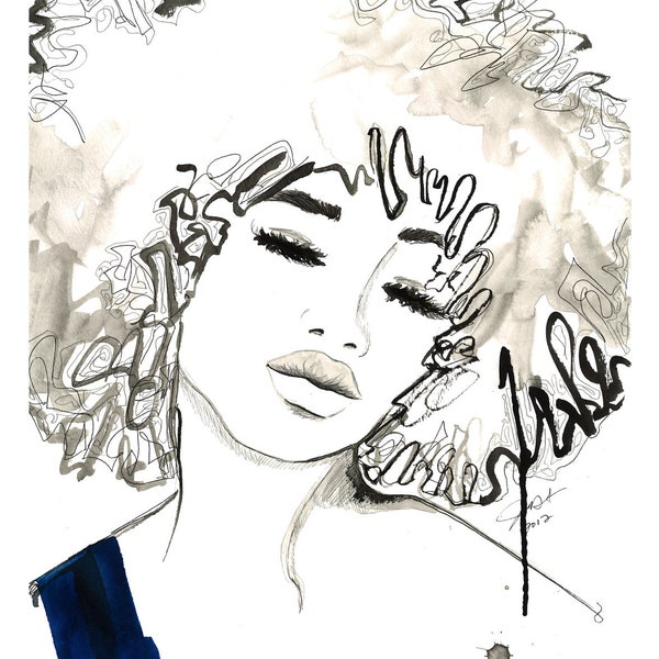 Print from Watercolor and Pen African American Fashion Illustration, Jessica Durrant, - The Afro