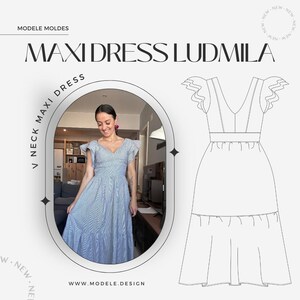 Könnte beinhalten: Eine Schwarzweiß-Zeichnung eines Maxikleides mit V-Ausschnitt, kurzen Ärmeln und einem Stufenrock. Das Kleid wird an einer Frau gezeigt, die ein ähnliches Kleid in blau-weißem Streifenmuster trägt. Der Text "MAXI DRESS LUDMILA" befindet sich oben im Bild.