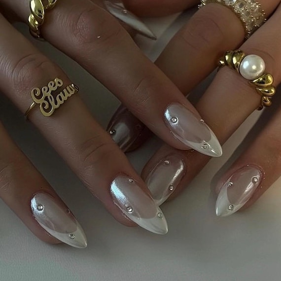 Handmade Shimmer French Tip Press on Nails: Short Almond Reusable