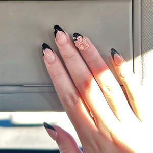 Black French Tip Press On Nails: 3D Flower Almond Reusable Handmade Nails