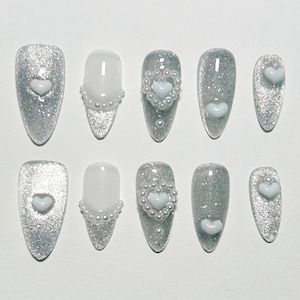 Cat Eye Bow Press On Nails, Elegant Silver Winter Wedding Nails, Unique Handmade Gift for Brides and Cat Enthusiasts