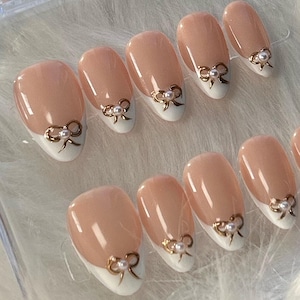 Short Almond Handmade Kawaii French Tip Press On Nails, Elegant Nail Art for At-Home Manicure, Perfect Gift for Nail Art Lovers