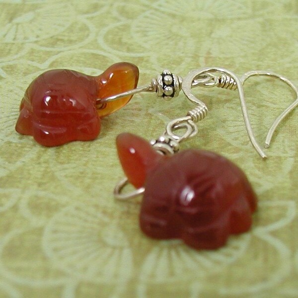 Sterling Silver Turtle Earrings Carved Carnelian Agate Stone Tortoises